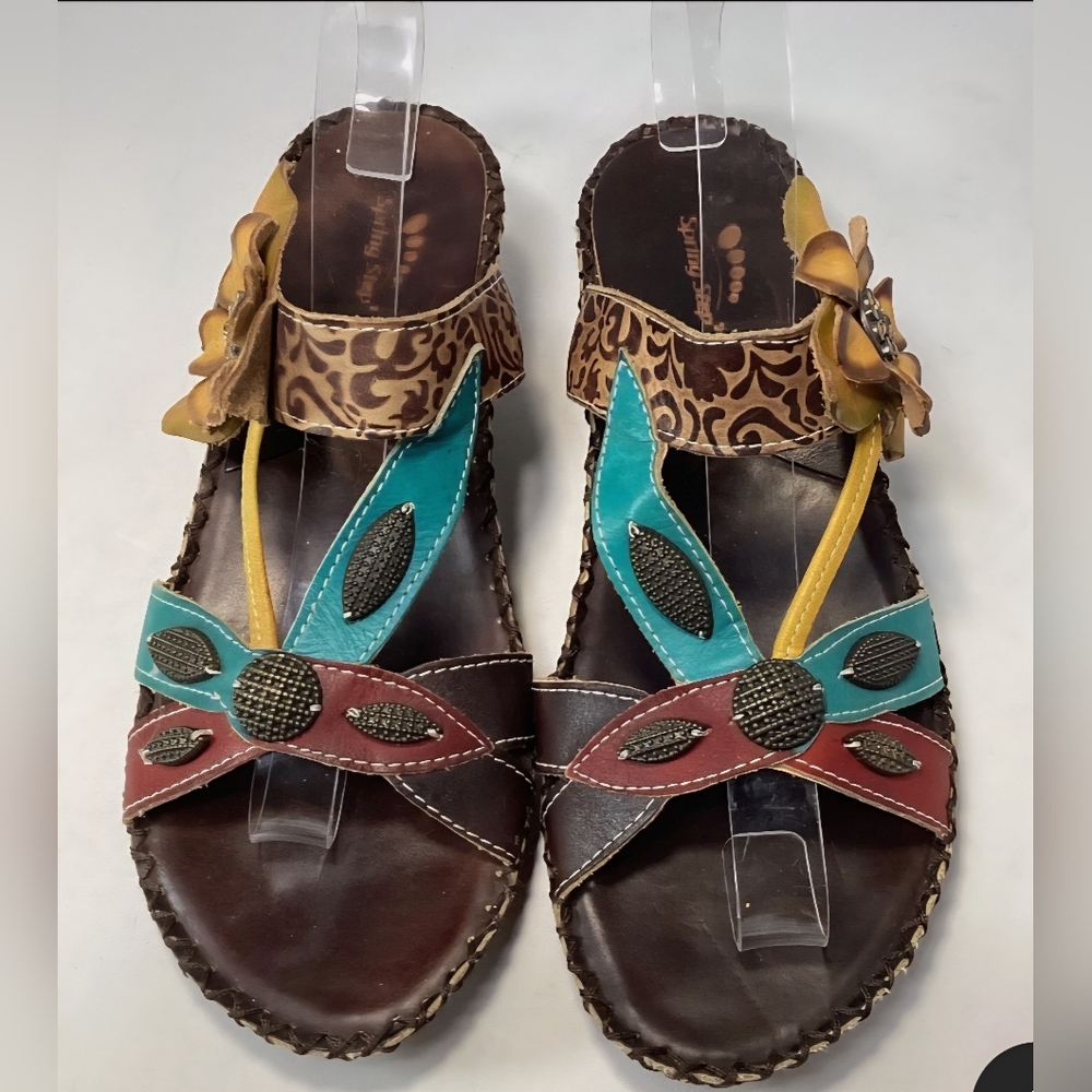Spring Step By L'ARTISTE Brown and Blue Artisanal Sandals. Size 39.. Final Price